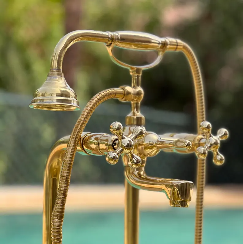 Unlacquered Solid Brass Tub Filler and Handheld Standing Two Outlets Bathtub Faucet