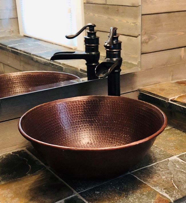 Round Hand Hammered Copper Vessel Sink 14" in Rich Sedona Highlighting -- Choice of Drain