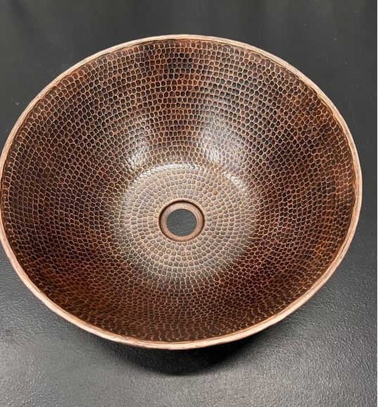 Round Hand Hammered Copper Vessel Sink 14" in Rich Sedona Highlighting -- Choice of Drain