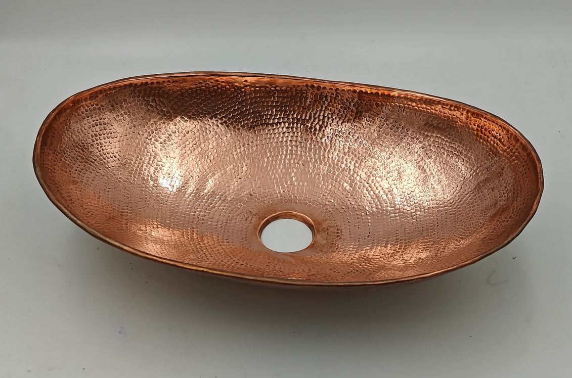 Unlacquered Solid Copper Sink - Oval Vessel Sink in Hammered Solid Copper