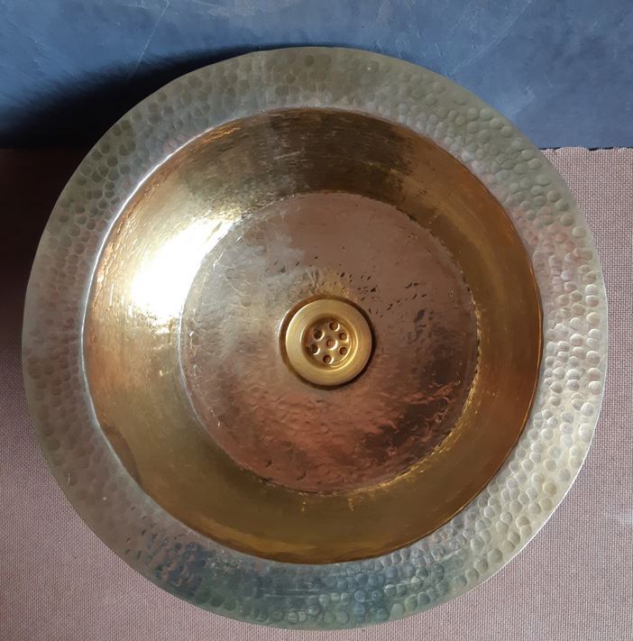 Unlacquered Round Brass Sink , Brass Hammered Sink , Dropped in Sink , Hammered Unlacquered Brass Round Bar Sink with drain