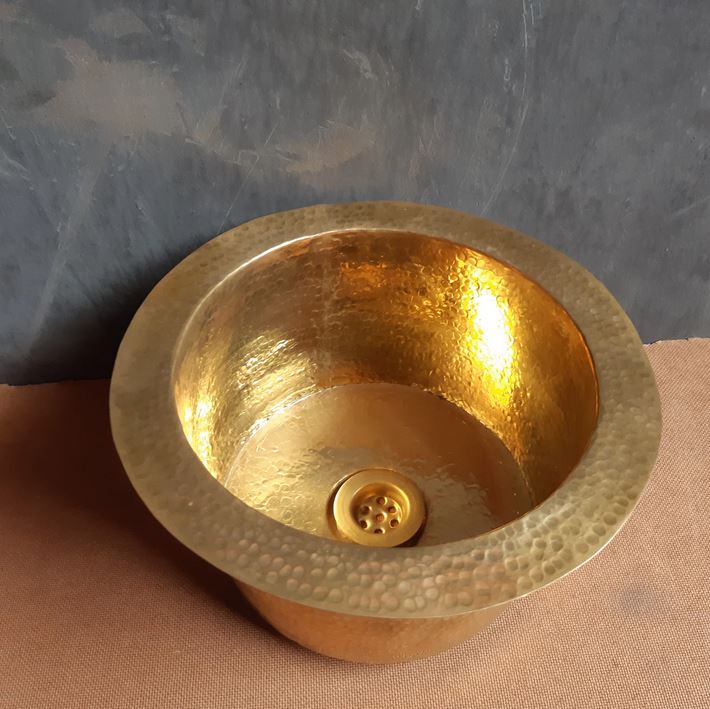 Unlacquered Round Brass Sink , Brass Hammered Sink , Dropped in Sink , Hammered Unlacquered Brass Round Bar Sink with drain