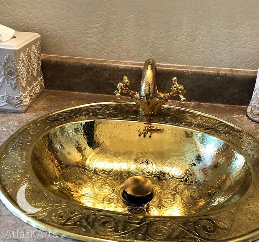 Moroccan-Inspired Hand-Engraved Brass Oval Drop-In Bathroom Sink, Exquisite and Unique Décor Piece