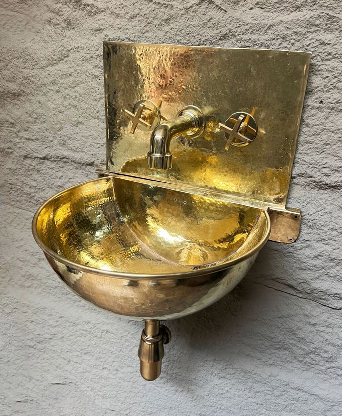 Solid Brass Wall Mount Sink With Mixed Faucet , Unlacquered Brass Wall Hung Basin