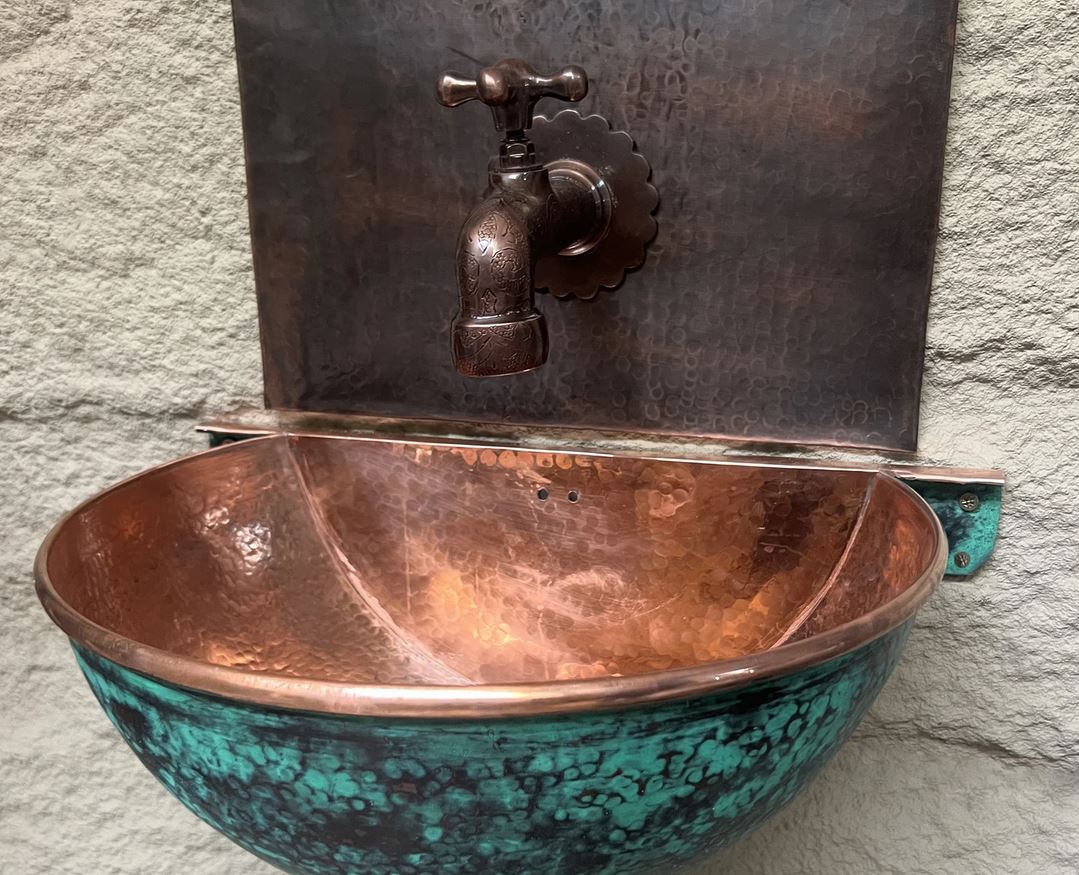 Green Patina Copper Wall Mounted Bathroom Sink , Aged Copper Hung Basin with Faucet