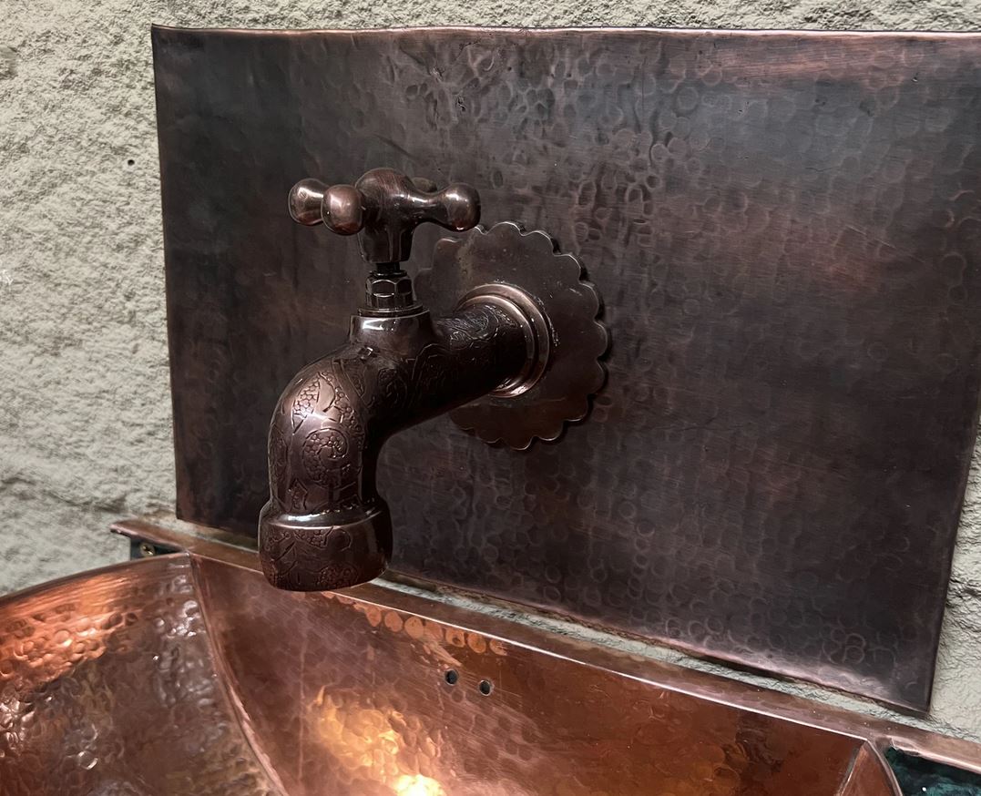 Green Patina Copper Wall Mounted Bathroom Sink , Aged Copper Hung Basin with Faucet