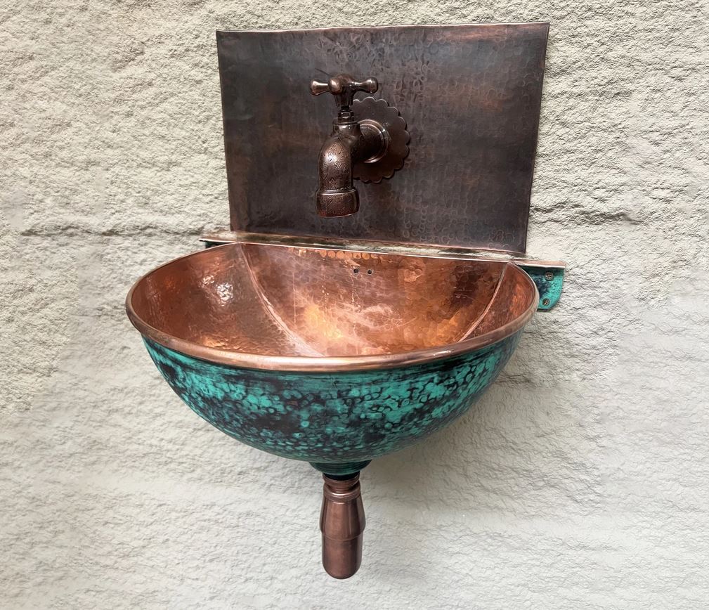 Green Patina Copper Wall Mounted Bathroom Sink , Aged Copper Hung Basin with Faucet