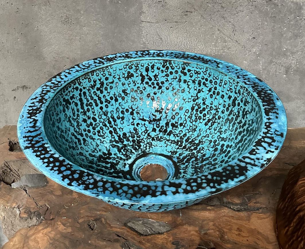 Blue Patina Drop In Sink , Copper Vessel Sink For Bathroom