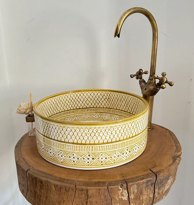 Custom Made Mustard Bathroom Sink - Handmade Brass Drain Included