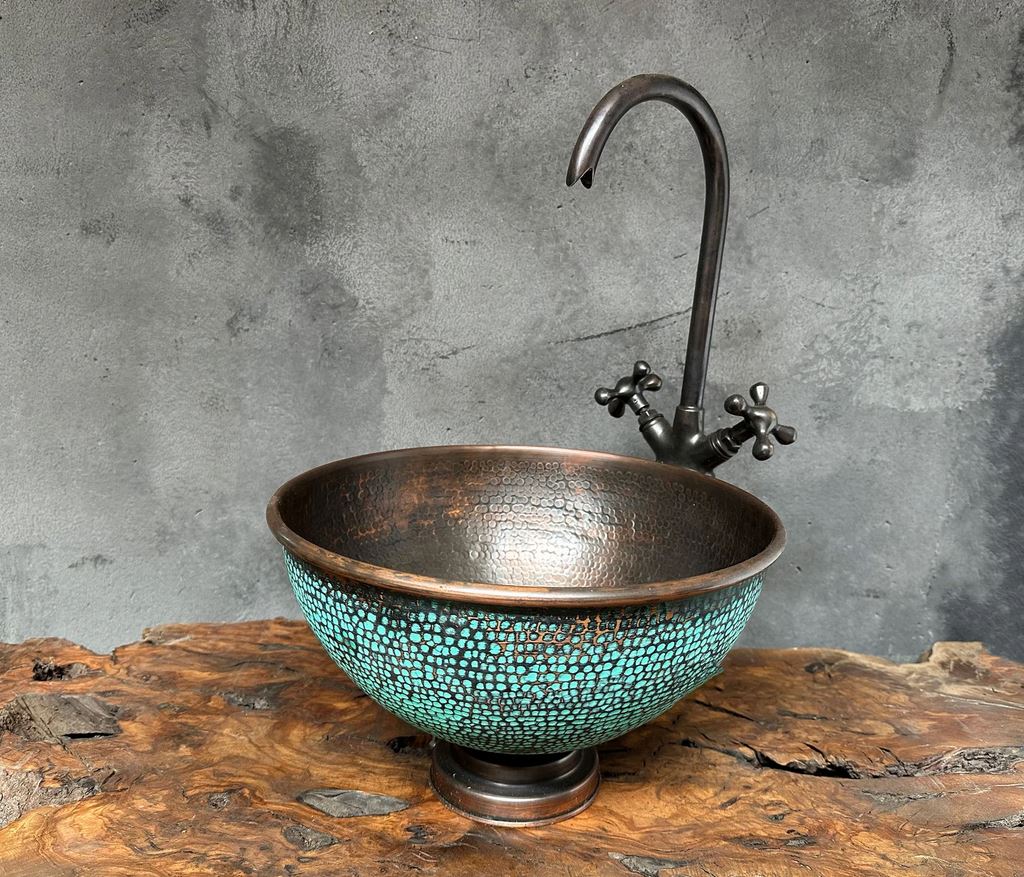 Aged Copper Bathroom Sink with faucet , Green Patina countertop basin bathroom