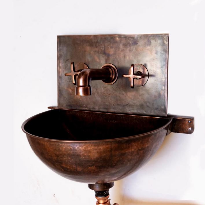 Wall Mount Copper Bathroom Sink , Rustic Copper Bathroom Basin with Mixer Faucet