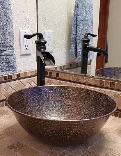 Round Hand Hammered Copper Vessel Sink 14" in Rich Sedona Highlighting -- Choice of Drain