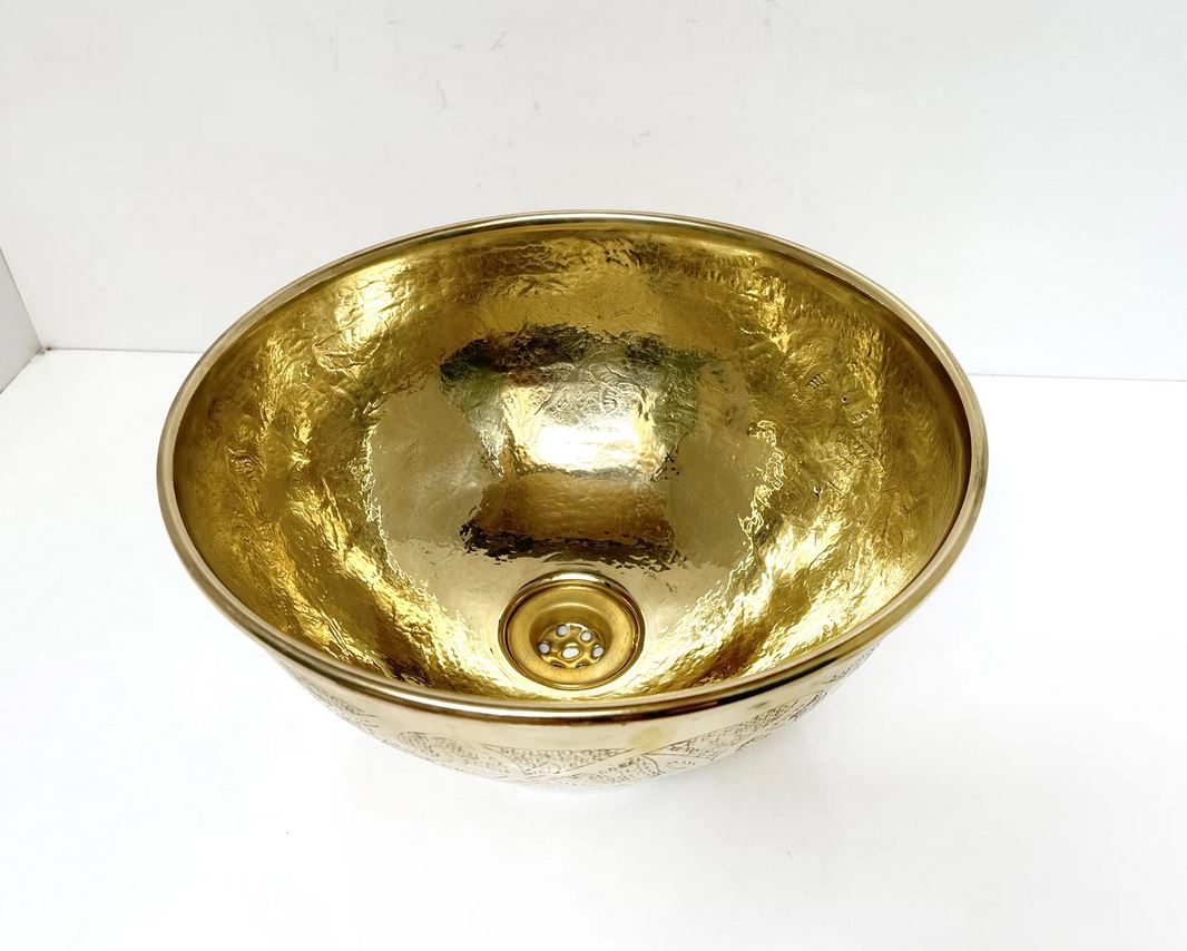 Engraved Unlacquered Brass Bathroom Sink, Round Brass Drop Sink, Round Brass Vessel Sink